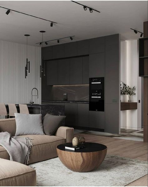 Dark Contemporary Living Room, Contemporary Scandinavian Interior, Neutral Interior Design, Japandi Living Room, Condo Interior Design, Interior Design Contemporary, Condo Interior, Stylish Interior, Scandinavian Interior Design