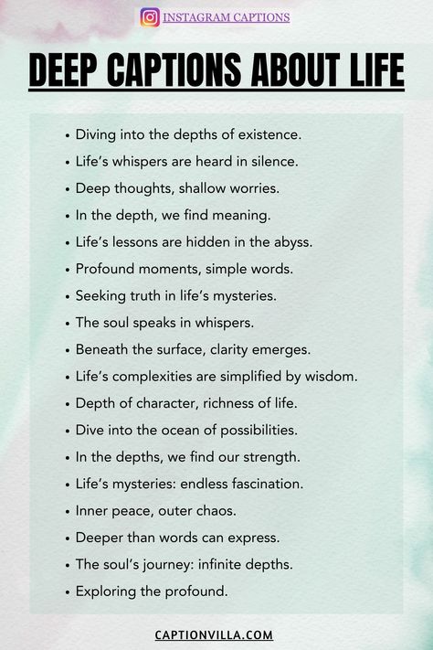 Pinterest pin featuring Instagram captions about life's deeper aspects, including introspective and philosophical options. Delve into the mysteries of existence! #CaptionsForInstagramAboutLife #LifeQuotes #InstagramQuotes #LifeMoments #SelfReflection #Inspiration #InnerJourney Mysterious Instagram Captions, Unique Insta Captions, Deep Thought Captions, Mysterious Captions, Instagram Captions About Life, Dope Captions For Instagram, Life Captions, Insta Caption, One Word Instagram Captions