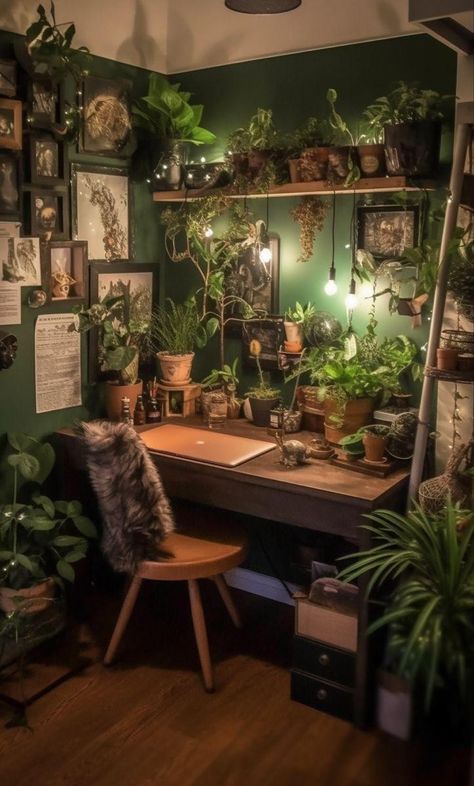 Dark Earthy Decor, Dark Room Plants, Earthy Office Space, Earthy Desk, Green Desk Aesthetic, Earthy Home Office, Room Ideas Aesthetic Dark, Earthy Room Aesthetic, Dorm Room Desk Ideas