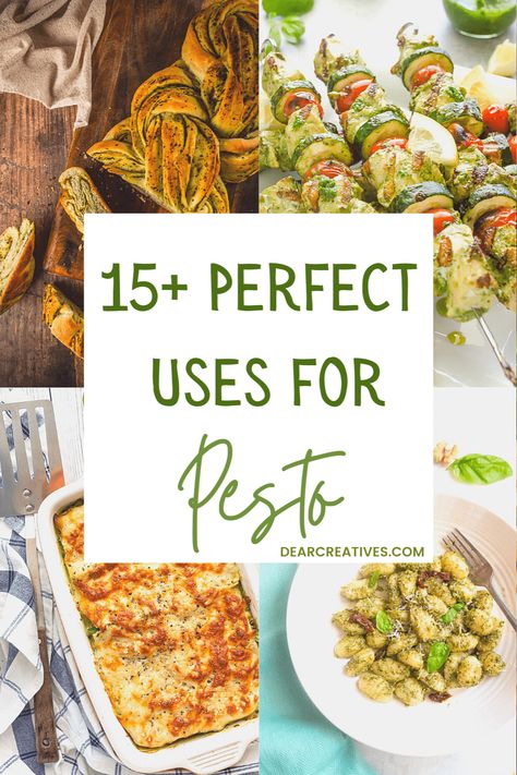 Go beyond the classic pesto pasta and make these recipes using pesto! Light, refreshing, and easy to make recipes. These recipes with pesto include bread, veggie dishes, lasagna, gnocchi, chicken kabobs, pork tenderloin, shrimp, pizza, tofu… view the entire list of pesto recipes below. Add them to your dinners, side dishes, and meal plans! #pestorecipes #recipesusingpesto #dinnerideaswithpesto #appetizerswithpesto #pesto #recipes #listofpestorecipes #recipeswithpesto Things To Eat With Pesto, Jarred Pesto Recipes, Pesto Ideas Dishes, Uses For Pesto, Recipes With Pesto, Pesto Recipes Dinner, Recipes Using Pesto, Gnocchi Chicken, Pesto Uses