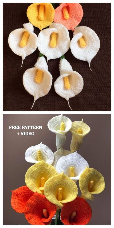 Crocheted Flowers Free Pattern, Free Flower Crochet Patterns, Crochet Plants Free Pattern, Crochet Flower Pattern Free, Crochet Plants, Calla Lily Flower, Crochet Flowers Easy, Crochet Flowers Free Pattern, Yarn Flowers