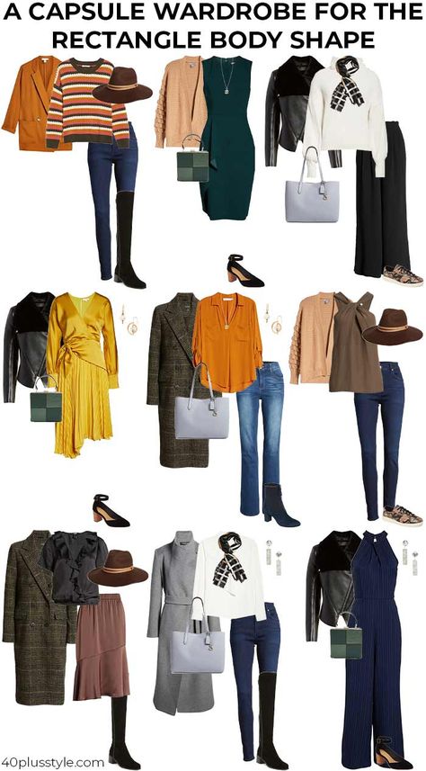 How to dress the rectangle body shape: Flattering clothes for the rectangle Outfits For Rectangle Body Shape, Rectangle Body Shape Fashion, Mode Over 50, Rectangle Body Shape Outfits, Flattering Clothes, Dress For Body Shape, Types Of Body Shapes, Rectangle Body Shape, Apple Body Shapes