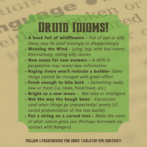 Dictionary-style text post containing druid idioms for Dungeons & Dragons Druid Character, Thanks For Sticking With Me, Dm Tips, Dnd Druid, Dungeon Master's Guide, Dnd Funny, Writing Fantasy, Dnd 5e Homebrew, Dnd Dragons