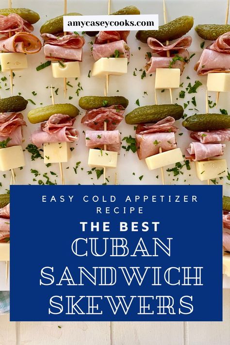 Cuban Sandwich Appetizer Skewers. Fun to make and fun to eat! These cold appetizers on a stick with Swiss cheese, ham, Dijon mustard, salami, and baby dill pickles can be made in advance too. They are a crowd pleaser! #easyappetizer #easycoldappetizer Pickle Skewer Appetizers, Appiterzers For Christmas, Cold Cheese Appetizers, Appetizer Recipes With Salami, Toothpick Appetizers Easy Cold, Swiss Cheese Appetizers, Cold Skewer Appetizers, Charcuterie Sticks Ideas, Pasta On A Stick Appetizer