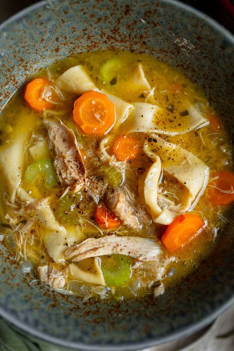 The Best Roasted Chicken Noodle Soup: From Scratch Roasted Chicken and Noodles Rustic Chicken Noodle Soup, Whole Chicken Noodle Soup, Roasted Chicken Soup, Whole Chicken Soup, Chicken Noodle Soup From Scratch, Roast Chicken Soup, Homemade Chicken Noodle Soup Recipe, Cozy Fall Dinner, Cooking Hearth