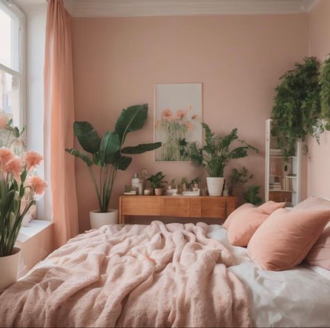 #pink #flowers #floral #flowerstagram #room #roomdecoration #roomdecorbedroom #roomdecorideas #bedroomideas #bedroom #bed #bedding #bedroominspo #bedroomgoals Light Pink Wall Room Ideas, Light Pink And Beige Bedroom, Pink Bedroom Plants, Pink Botanical Bedroom, Peach Wall Bedroom, Pink Earthy Bedroom, Peach Room Aesthetic, Pink Plant Room, Pink And White Bedroom Aesthetic