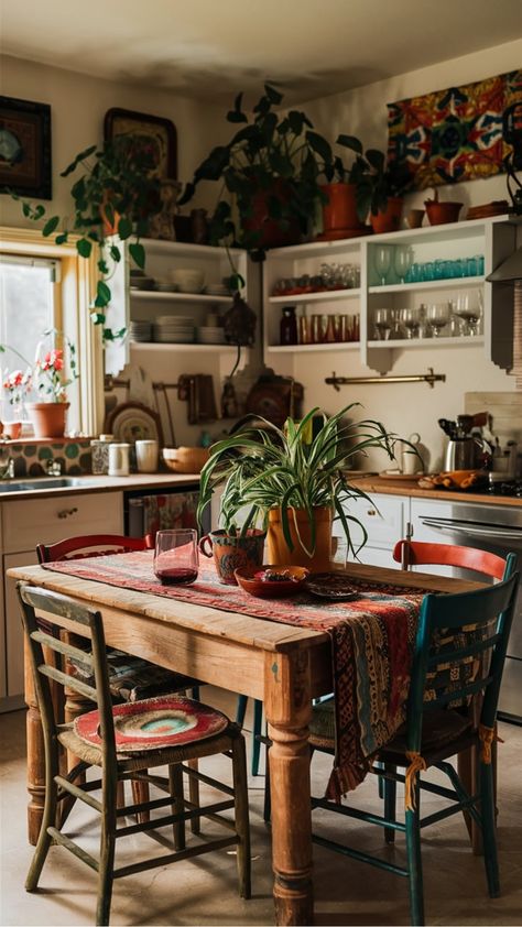 Transform your kitchen into a cozy and eclectic space with boho kitchen decor. Embrace the bohemian style by incorporating earthy tones, macramé accents, and vintage details. Create a unique and inviting atmosphere where you can cook and entertain effortlessly. From rattan light fixtures to vibrant textiles, infuse your boho kitchen with warmth and character. Explore our collection of bohemian kitchen decor ideas to find inspiration for your own stylish culinary sanctuary. Eclectic Boho Dining Table, Earthy Apartment Kitchen, Modern And Vintage Kitchen, Earthy Tone Apartment, Cottage Boho Kitchen, Mid Century Eclectic Kitchen, Contemporary Boho Kitchen, Bohemian Lifestyle Aesthetic, Bohemian Cottage Decor Ideas