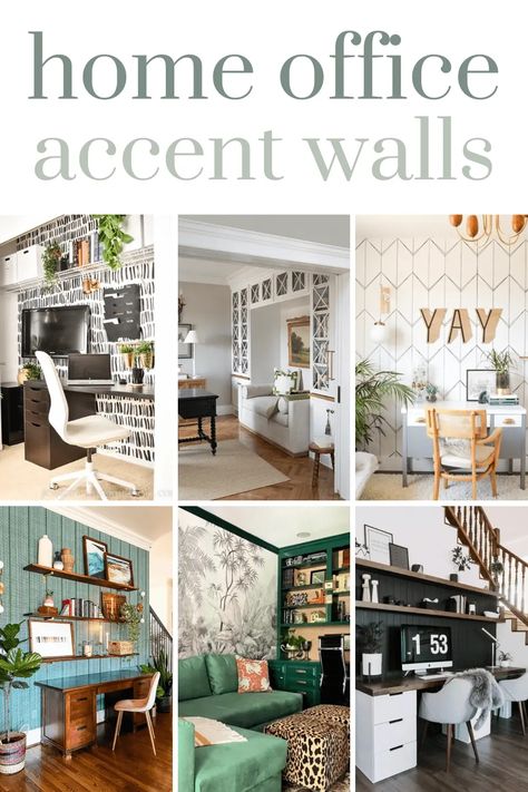 Looking for a way an easy way too more color or character to your home office space? Try one of these gorgeous office accent wall ideas. Small Office Space Wall Ideas, Wallpaper For Offices, Office Room Colors Wall Colours, Office Redo Ideas, Feature Wall Home Office, Colors For Office Walls Interiors, Home Office Ideas Yellow, Statement Wall In Office, One Wall Office Space