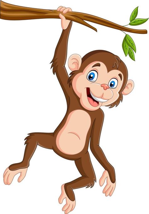 Cartoon monkey hanging in tree branch Monkey In The Tree, Animated Monkey Cartoon, Monkey On Tree Drawing, Monkey Hanging From Tree Drawing, Monkey Cartoon Drawing, Monkey Hanging From Tree, Jungle Wall Painting, Monkey Animation, Monkeys Cartoon