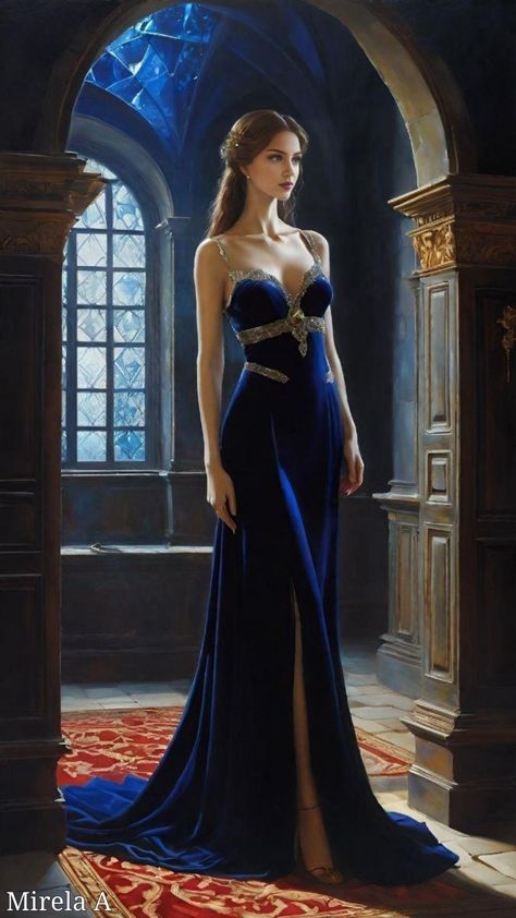 Night Court Dresses Acotar Style, Sapphire Ball Gown, Blue Elegant Dresses, Blue Gown Aesthetic, Princesa Aesthetic, Daenerys Blue Dress, Blue Goddess Dress, Once Upon A Time Outfits, Fantasy Queen Dress