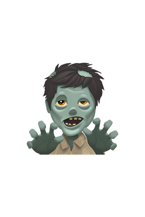 The emoji 🧟‍♂️ depicts a male zombie. The zombie has green skin, sunken eyes, and a partially exposed brain. The hair is disheveled and the mouth is open, revealing sharp teeth. The zombie is wearing a shirt and appears to be walking with a limp. Summoning Demons, Emoji Meanings, Iphone Png, All Emoji, Zombie Style, New Emoji, Horror Merch, Emoji Defined, Sunken Eyes