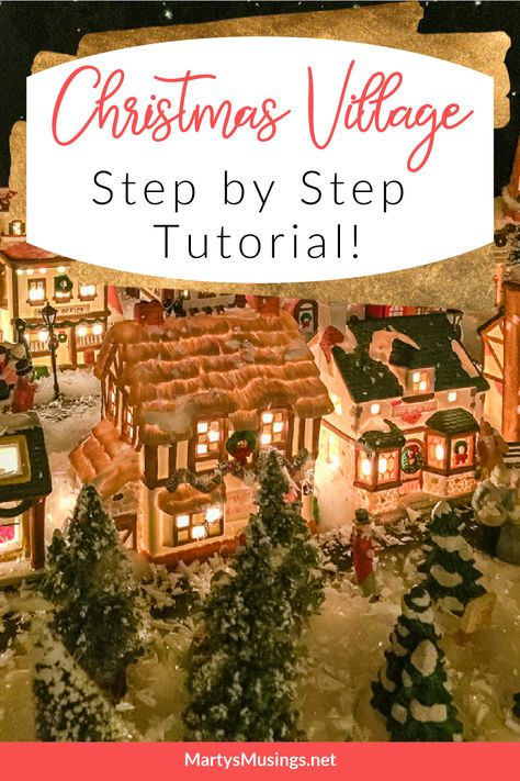 Step by step instructions on creating a Christmas village display as a family tradition. Included are money saving tips and a video tutorial! Christmas Village Platform Ideas, Christmas Village People Diy, Dept 56 Display Ideas Christmas Villages, Christmas Village Under Tree Ideas, Christmas Village Display Table, Christmas Village Under The Tree, Santa Village Display Ideas, Train Display Ideas, Dickens Village Display Ideas