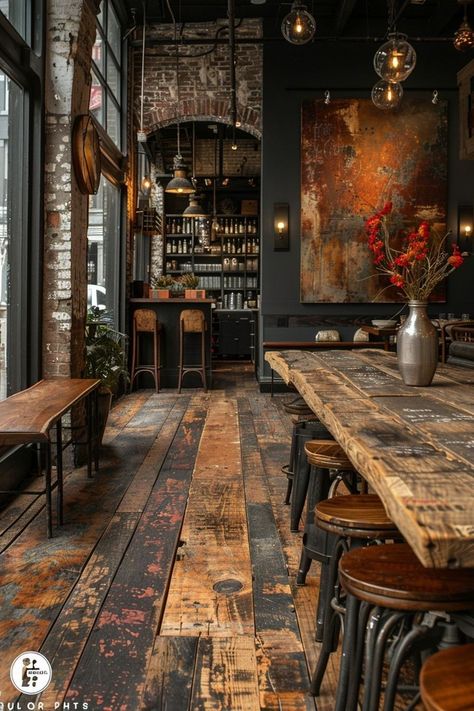 Embrace the raw beauty of your space with a touch of industrial chic. Mix metal, wood and concrete. Expose those pipes and ducts, meld modern with vintage, and create a functional urban oasis. 🏭💡🛋️ Let's redefine industrial style together!🔧🖤 Eclectic Industrial, Industrial Style Furniture, Industrial Restaurant, Wood And Concrete, Rustic Restaurant, Industrial Interior Design, Industrial Bar, Modern Elements, Urban Oasis