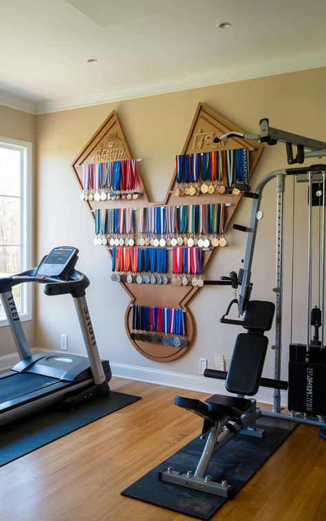 A home gym with a wall-mounted display featuring various race medals, alongside workout equipment. Diy Medal Display, Medals Display Ideas, Medal Display Ideas, Diy Medal, Race Bib Display, Race Bib Holder, Race Medal Displays, Marathon Medal Display, White Pegboard