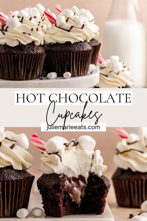 Creative Christmas Food, Christmas Food Ideas, Hot Chocolate Cupcakes, Chocolate Cupcakes Filled, Christmas Cupcakes Recipes, Hot Fudge Sauce, Christmas Baking Recipes, Holiday Cupcakes, Lost 100 Pounds