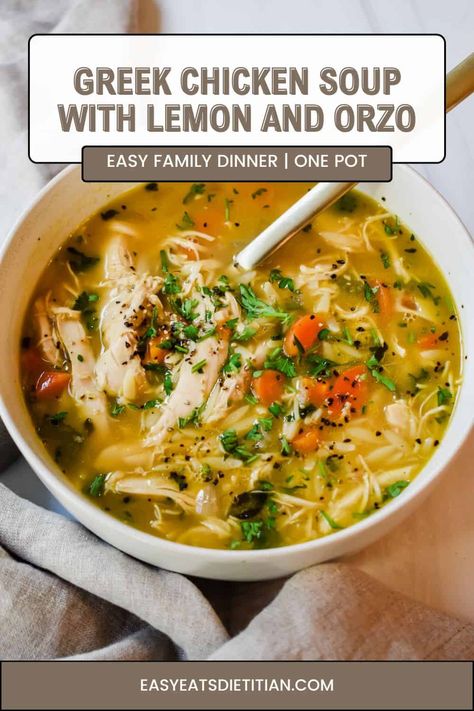 This Greek chicken soup with lemon and orzo is so warm, comforting and flavorful! It's made in one pot in under 30 minutes and it's so perfect for the cooler weather in the fall and winter months! This recipe makes for the perfect weeknight dinner and your whole family will be sure to love it! #fallrecipes #winterrecipes #falldinner #soup #soupseason #easydinner #easydinnerideas #soups #greek #chickenlemonsoup Lemon Orzo Kale Soup, One Pot Chicken Orzo Soup, Greek Lemon Chicken And Farro Soup, Greek Chicken Soup Recipes, Lemon Chicken Greek Soup, Soup Recipes Mediterranean, Avalemono Soup, Orzo Chicken Soup Recipes, Lemon Chicken Orzo Soup Damn Delicious