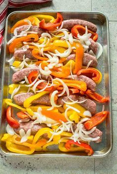 Easy Sausage and Peppers - Roasted in the oven in one pan and ready in under an hour! The BEST sausage and peppers!! #sausageandpeppers #sausageandpeppersinoven Oven Sausage And Peppers, Baked Sausage And Peppers, Italian Sausage In Oven, Baked Italian Sausage, Baked Sausage, Sheet Pan Sausage, Pan Sausage, Sausage Peppers And Onions, Sausage Recipes For Dinner