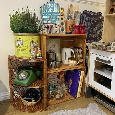 Small Home Corner Eyfs, Kitchen Preschool Center, Reggio Home Corner, Curiosity Approach Eyfs Home Corner, Curiosity Approach Eyfs Preschool Home Corner, Home Corner Curiosity Approach, Reception Book Corner, Early Years Home Corner, Early Years Home Corner Ideas