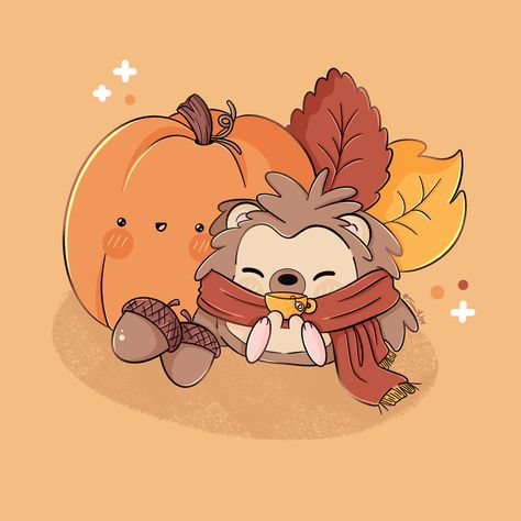 Kawaii, art, illustration, digital art, autumn, fall, season, cute, samiart23, hedgehog, pumpkin, warm color, autumnal Hello Autumn Drawing, Autumn Hedgehog Illustration, Kawaii Thanksgiving Drawings, Cute Fall Characters, Fall Cute Pictures, Fall Kawaii Art, Cute Things To Draw For Halloween, Autumn Words Aesthetic, Kawaii Fall Aesthetic