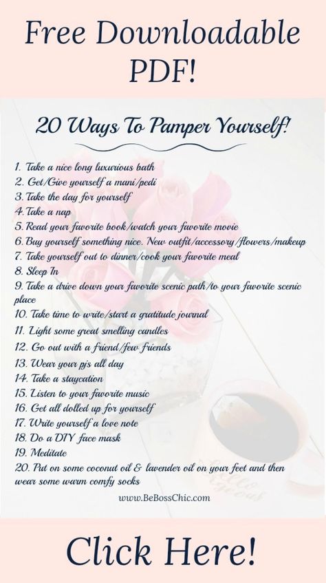 20 Ways to Pamper Yourself! Get your free downloadable PDF! Pampering Ideas, Pamper Routine, Pamper Days, Boss Chic, Pampering Routine, Spa Day At Home, Pamper Yourself, Beauty Remedies, Frame Of Mind