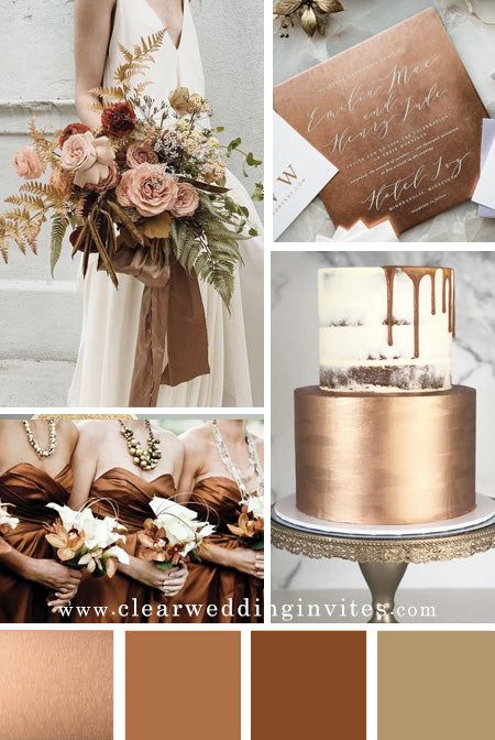 Rose Gold And Bronze Wedding Theme, White Gold Brown Wedding, Copper Champagne Wedding, Wedding Combination Colors, Copper Brown Wedding Theme, Brown Color Palette Wedding, Unique Wedding Theme Colors, Shades Of Brown Wedding, Champagne And Brown Wedding