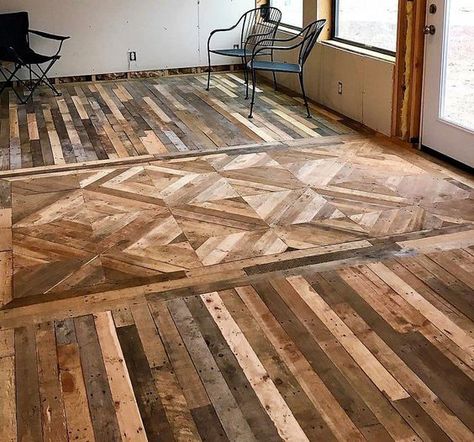 Recycled Pallet Flooring Wood Pallet Flooring, Pallet Stairs, Pallet Floors, Ranch Ideas, Recycled House, Wooden Pallet Furniture, Floor Ideas, Pallet Creations, Into The Wood