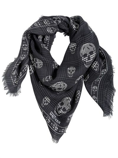 ALEXANDER MCQUEEN - SKULL CHECKED WOOL & SILK SCARF Mens Silk Scarves, Wool Scarves, Men's Scarves, Alexander Mcqueen Skull, Woolen Scarves, Skull Scarf, Mens Scarves, Luxury Shopping, Wool Scarf