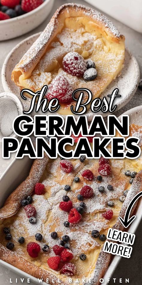 Eggy Pancake Recipe, Dutch Oven German Pancakes, Oven Puffed Pancake, Yummy Pancakes Recipe, Swedish Oven Pancakes, German Pancakes For Two, Baked German Pancakes, German Dutch Pancake, Giant Oven Baked Pancake