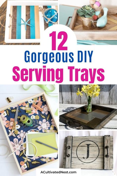 12 Charming DIY Serving Trays- If you want to add style to your space on a budget, then grab the craft supplies and get busy making these 12 charming DIY serving trays. | #diyDecor #craft #DIYs #diyProject #ACultivatedNest Painted Trays Ideas, Pallet Serving Trays, Chalkboard Serving Trays, Diy Serving Tray, Rustic Serving Trays, Crafts Fall, Diy Tray, Tray Diy, Rustic Crafts