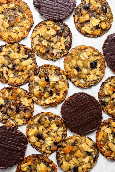 Florentine Cookies Recipe with Almonds - Dessert for Two Xmas Bakes, Florentine Cookies Recipe, Recipe With Almonds, Cookies With Almonds, Dried Fruit Cookies, Florentine Cookies, Florentines Recipe, Almond Desserts, Candied Orange Slices