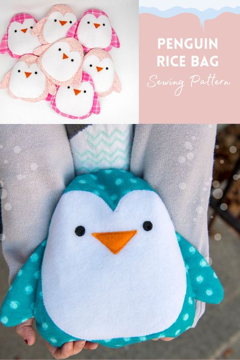 Penguin Rice Bag Pattern, Rice Bag Sewing Pattern, Easy Sewing Toys For Beginners, Diy Hand Sewn Stuffed Animals, Rice Pack Sewing Pattern, Simple Soft Toys To Sew, Sewing Stuff To Sell, Animal Rice Bags, Sewing Soft Toys Free Pattern