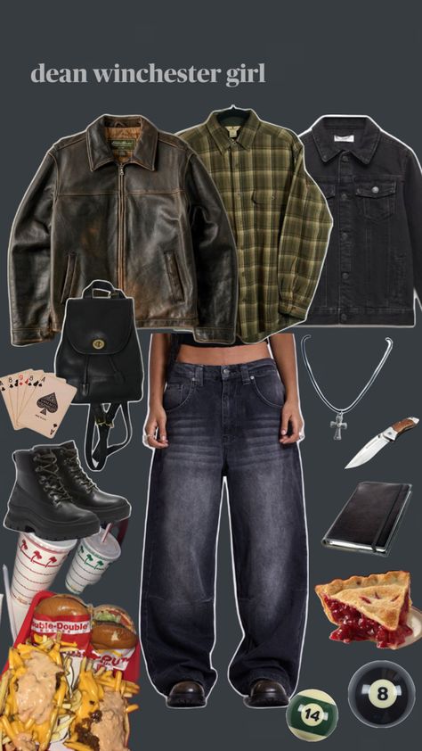 dean winchester aesthetic 🖤 Sam Winchester Outfit, Dean Winchester Outfit, Dean Winchester Aesthetic, Grunge Goth Outfits, Supernatural Inspired Outfits, Winchester Aesthetic, Supernatural Outfits, Supernatural Cosplay, Png Outfits