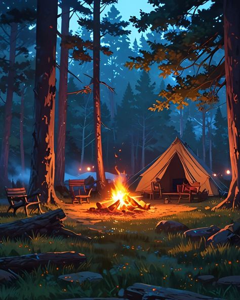 Nature Painting Inspiration, Camping Landscape, Camping Template, Campfire Landscape, Camping Backdrop, Camping Forest, Camping Background, Woods Illustration, Camp Painting