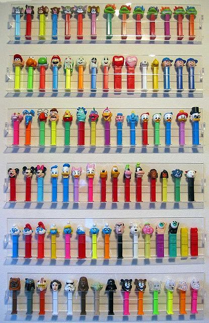 Pez---I need to display my pez somehow Pez Display Ideas, Pez Candy Dispenser, Pez Dispenser Display, Pez Display, Pez Collection, 80 Tv Shows, Collection Displays, Toys Land, Boys Slippers