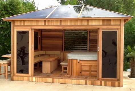 The Riviera | The Hot Tub and Swim Spa Company Hot Tub Ideas Backyard With Bar, Hot Tub Built In, Hot Tub House Ideas, Spa Enclosure Ideas, Hot Tub Shed Ideas Diy, Gazebo Jacuzzi Ideas, Hot Tub And Sauna Ideas Backyard, Gazebo With Hot Tub Ideas, Screened Hot Tub Enclosure