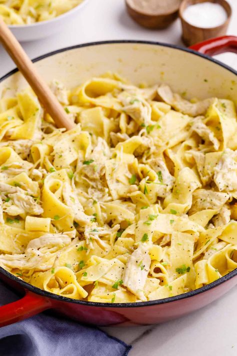 This Stovetop Chicken and Noodles recipe is comfort food at its best! Creamy, hearty, and oh-so-easy, this is a dinner you’ll find yourself making again and again. Stovetop Chicken And Noodles, Easy Stovetop Chicken, Chicken And Noodles Recipe, Creamy Chicken And Noodles, Chicken And Egg Noodles, Slow Cooker Salsa Chicken, Chicken And Noodles, Stovetop Chicken, Cooked Chicken Recipes