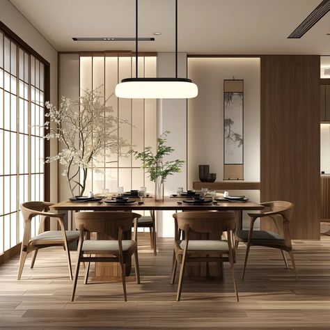 Wabi Sabi Dining Room, Japandi Dining Room Design, Japanese Place, Japandi Dining Room, Modern Dining Room Ideas, Japandi House, Modern Japandi, Three Faces, Japandi Interior Design