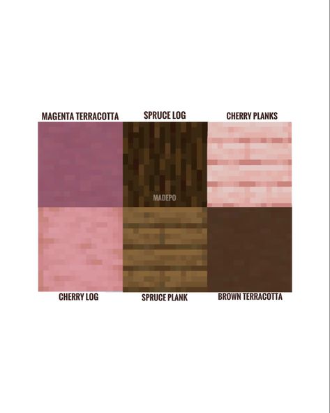 1.20 Cherry Wood Minecraft Block Palette including magenta terracotta, spruce log, cherry planks, cherry logs, spruce planks, and brown terracotta! Comment and follow for more :) aesthetic, cute, floral, flowers, cottagecore, pink, cherry blossom, mcyt, mc Pink Cottagecore House Minecraft, Minecraft Brown Aesthetic, Minecraft Pallets Cherry Blossom, Pink Blocks Minecraft, Pink And Brown Minecraft House, Minecraft 1.20 Palette, Cherry Blossom Minecraft Aesthetic, Cherry Blossom Block Pallet, Minecraft 1.20 Block Palette