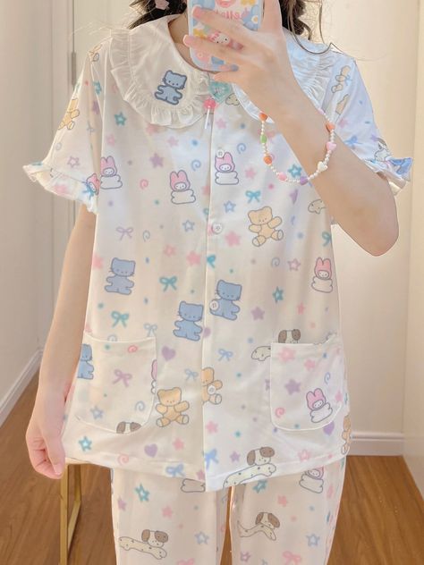 ညအိပ်ဝတ်စုံ Pattern, Korean Night Outfit, Cute At Home Outfits, Cute Pajama Outfits, Cute Night Outfits, Fancy Casual Outfits, Home Style Outfit, Night Wear Pajamas, Kawaii Pajamas