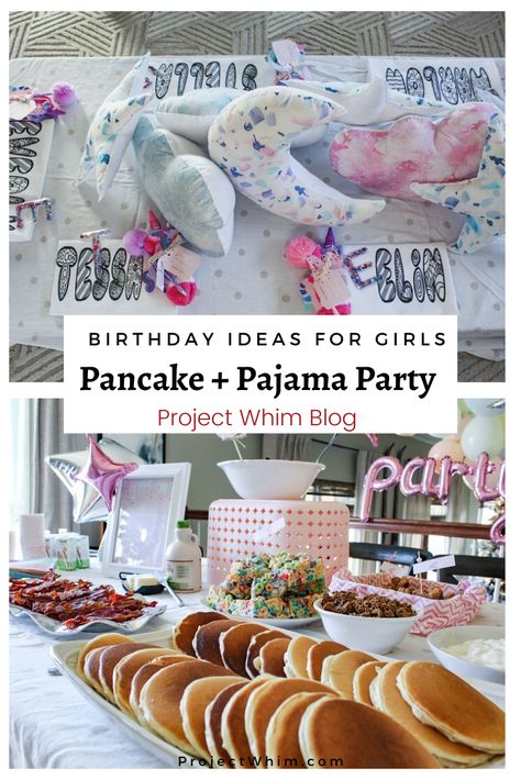 How to Throw an adorable Pancake and Pajamas Themed Birthday Party. The ultimate Slumber Party Activities and Ideas for Girls. The Best Birthday Theme for Girls. #birthday #partyideas #slumberparty #kids Almost Slumber Party Ideas, Pancake And Pajama Party Activities, Pancakes And Pajamas Party Activities, Girl Birthday Sleepover Party Ideas, 10 Bday Party Ideas Girl, 9th Birthday Sleepover Ideas, Pajama Birthday Party Ideas Kids, Sleepover Party Ideas For Girls Kids, 10 Girl Birthday Party Ideas