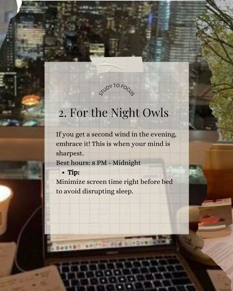 Morning bird, night owl, or afternoon focuser? 🐦🌙☀️ Discover your peak productivity hours and use them to crush your study goals! Set a schedule that works with your rhythm, not against it. 💪 . . . . . #findyourfocus #productivitytips #studytips #focustime #peakproductivity #studenthacks #betterfocus #studyroutine #productiveday #optimizeyourtime Best Study Focus App, Study Time Table For Night Owls, Night Owl Study Routine Schedule, Early Bird Study Routine, Night Owl Study Timetable, Student Hacks, Night Owl, Productive Day, Screen Time