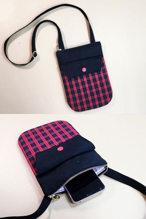 How to make a cell phone bag with a round bottom / mini cell phone crossbody bag Diy Cell Phone Bag, Cell Phone Purse Pattern Free, Phone Pouch Diy, Diy Phone Bag, Phone Purse Pattern, Phone Bag Diy, Diy Fabric Purses, Crossbody Bag Tutorial, Phone Bag Pattern