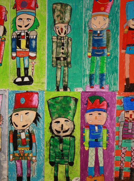 I showed my 4th graders how to draw the simple shapes that make up the nutcrackers. Then I asked them to decorate the nutcrackers they drew... Christmas Art For Kids, Holiday Art Projects, Winter Art Lesson, Christmas Art Projects, Mouse King, Winter Art Projects, 4th Grade Art, 5th Grade Art, 3rd Grade Art