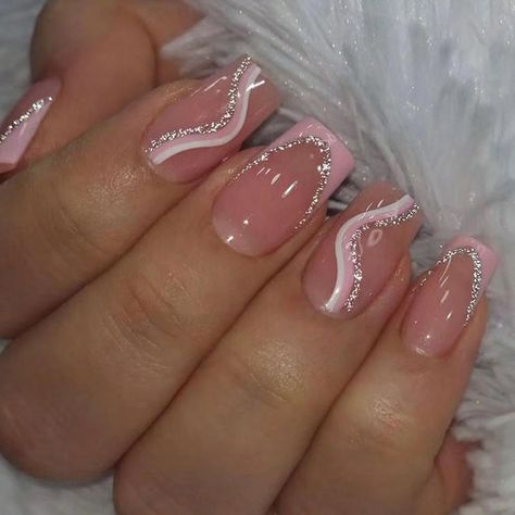 Pink French Tip Press on Nails Medium Square Fake Nails Glitter Wavy Stripe Acrylic Nails Reusable Coffin Nails with Glue on Nails Full Cover Stick on Nails for Women DIY Charm Manicure. Deluxe Nails, Bday Nails, Easy Nails, Summery Nails, Girly Acrylic Nails, Her Nails, White Nail, Short Acrylic Nails Designs, Nailed It