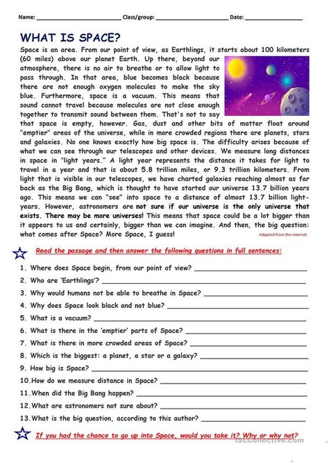 What Is Space, Text English, Reading And Comprehension Worksheets, English Text Reading, English Text, Space Worksheets, English Writing Skills Worksheets, English Comprehension Worksheets Year 5, Grade 6 English Worksheets Reading Comprehension