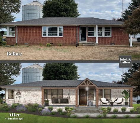 12 Front Porch Addition Ideas with Before and After Photos - brick&batten Revamp Exterior Of House, Front Porch Addition Ideas Ranch, Brick Ranch With Front Porch, Adding On A Porch To House, Before And After Front Porch Addition, Whitewashed Brick House Exterior, White Brick House With Cedar Accents, Portico Addition Before And After, Redoing Front Porch