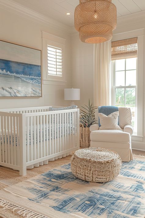 nursery decor, nursery ideas, nursery design, beach-themed nursery, ocean-themed nursery, coastal nursery Coastal Boy Nursery, Organization Kids Room, Beachy Nursery, Ocean Baby Rooms, Beach Theme Nursery, Sea Nursery Theme, Coastal Nursery, Ocean Themed Nursery, Urban Homes