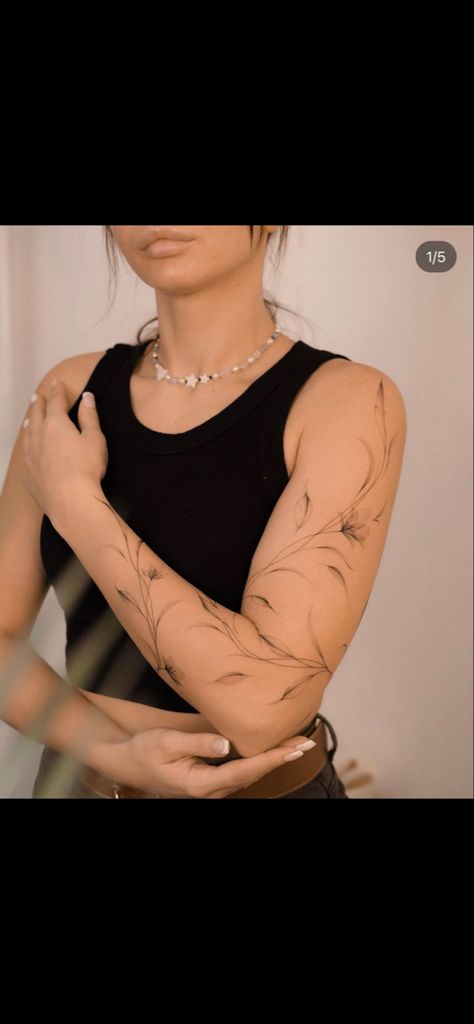 Vine Tattoos Forearm, Vine Arm Sleeve, Upper Arm Vine Tattoo, Wrap Around Bicep Tattoo Women, Arm Wrap Around Tattoo, Vine Sleeve Tattoo, Fineline Sleeve Tattoo, Arm Wrap Tattoos For Women, Fineline Arm Tattoo