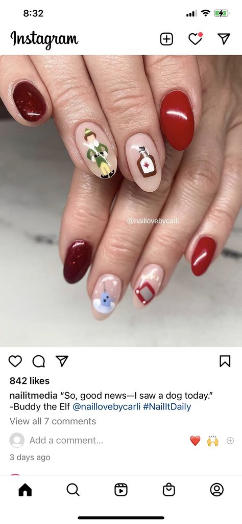 Elf Movie Nails, Elf Nails Christmas, Buddy The Elf Nails, Elf Christmas Nails, Elf Nails Designs, Christmas Movie Nails, Elf Nail Art, Elf Nails, Bachelorette Nails