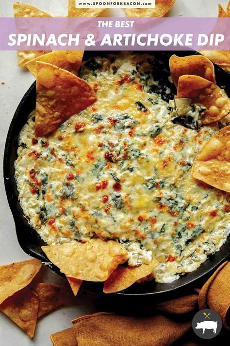 The easiest and most delicious Spinach Artichoke Dip recipe you'll ever taste! Our recipe is a no fuss, creamy and delicious dip that literally disappears within minutes every time we serve it!! #dip #appetizer #spinachartichoke #recipe #yummy The Best Spinach Artichoke Dip, Hot Spinach Artichoke Dip, Baked Spinach Artichoke Dip, Best Spinach Artichoke Dip, Quick Appetizer, Spinach Artichoke Dip Recipe, Spoon Fork Bacon, Spinach And Artichoke Dip, Spinach Dip Recipe